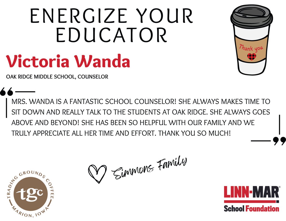 ENERGIZE YOUR EDUCATOR ☕ Congratulations, and thank you❤️🖤

Victoria Wanda - Oak Ridge Middle School - Counselor

Sponsored by Trading Grounds
