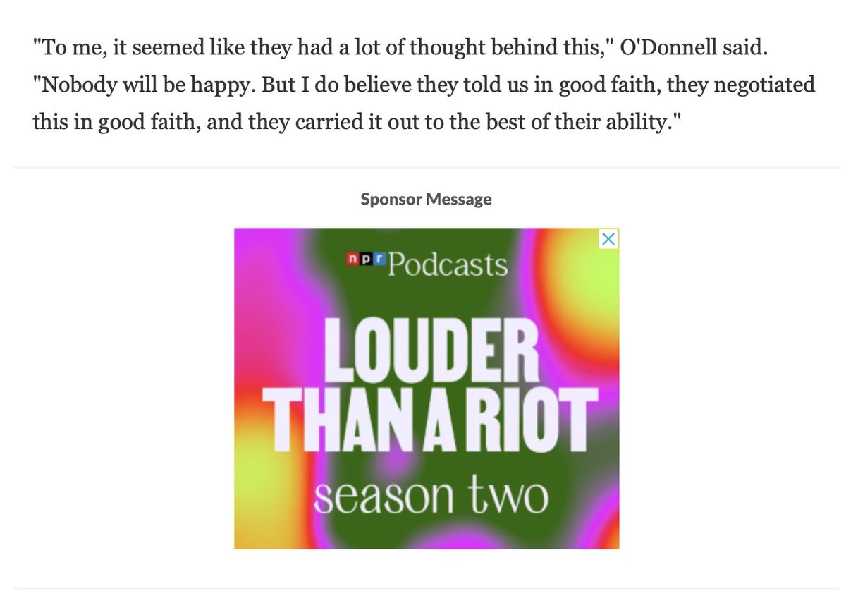 Unreal. In the news story on NPR about the NPR layoffs, they have an ad for the (groundbreaking and acclaimed) @LouderThanARiot podcast...that was just canceled. A true shame, especially with what they had on tap for us this season. Sending love and solidarity to the staff.