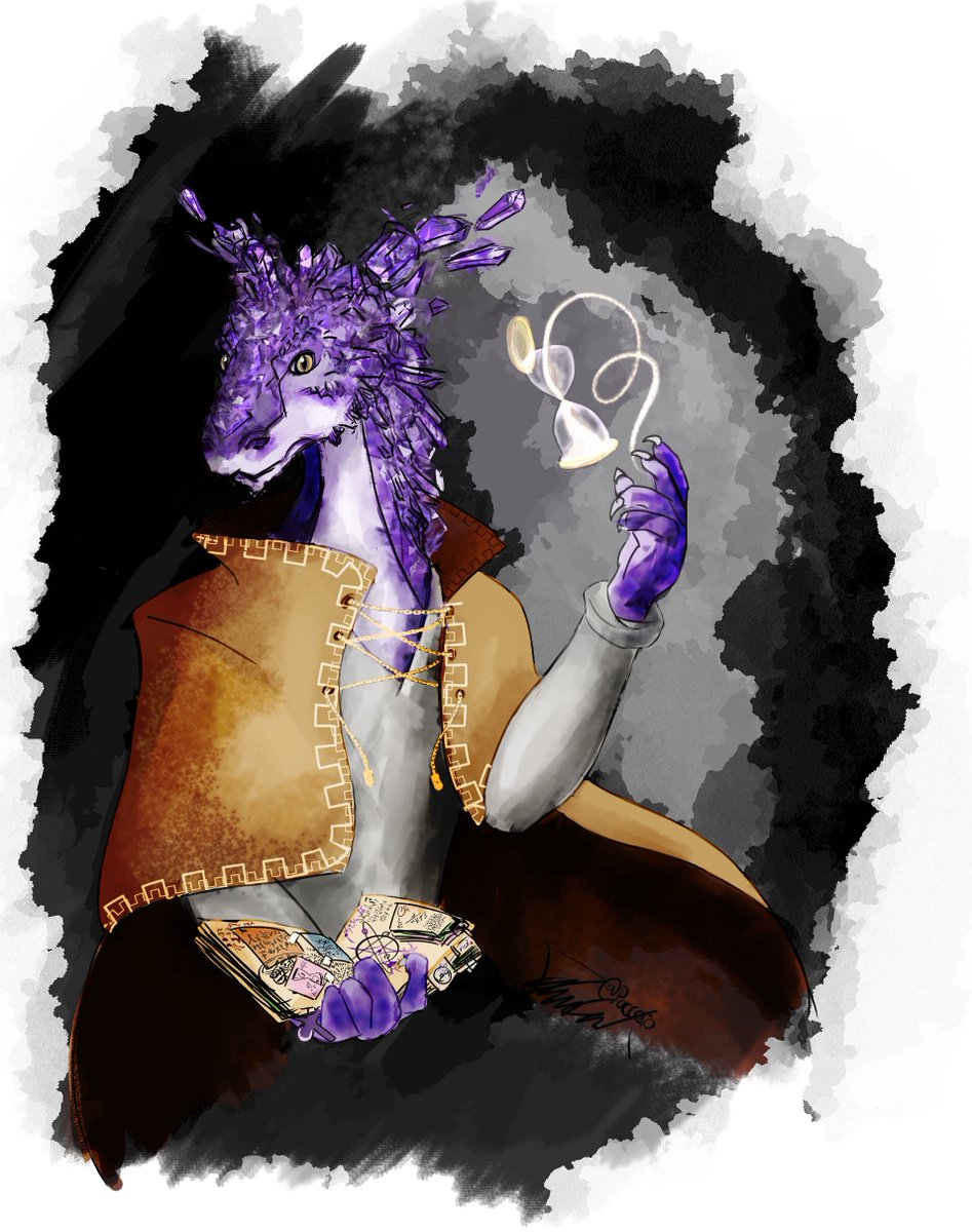 F i n a l l y made a wizard. He's an awkward dragonborn obsessed with Dunamancy. He stutters in an old and very accented French-canadian speech (that makes my French friends cringe but they're getting used to it)

Anyway. I spent way too much time drawing him. 

Orion Iris :)