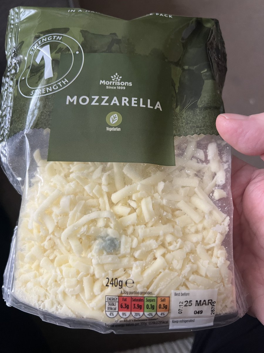 karent161270's tweet photo. Mouldy cheese not even opened and in date @Morrisons Morrisons selling gone off food! https://t.co/g9jTxxrcB7