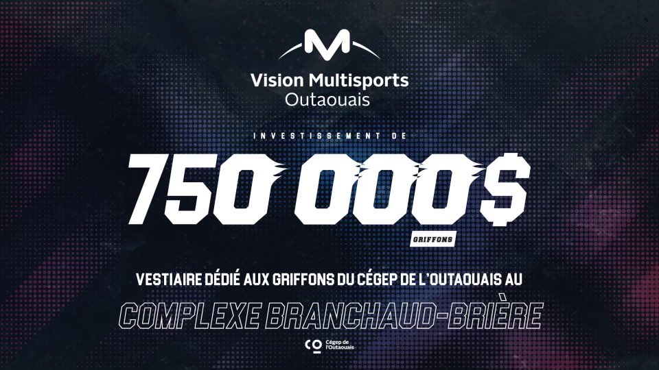 GriffonsL's tweet photo. Heureux d’annoncer que Vision Multisports Outaouais (VMSO) procédera à la construction de notre nouveau vestiaire pour les Griffons hockey. 

Grâce à la collaboration entre VMSO, le @cegepoutaouais et la @ville_gatineau!

Une valeur estimée de 750 000$. 
 #Intrepide #Griffons https://t.co/9hhxAOAAfg