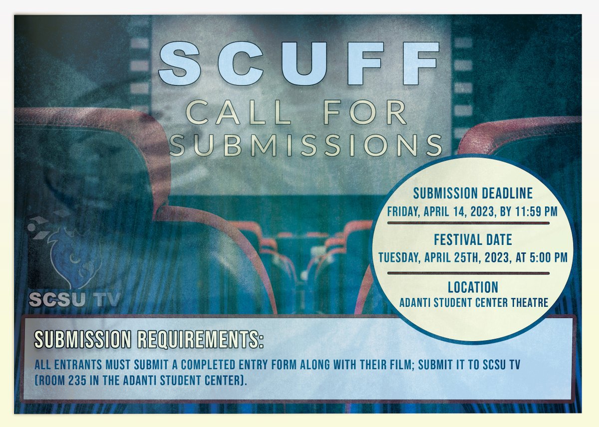 Get ready for this year's SCUFF event! 
SCUFF, Southern Connecticut University's annual film festival is back! Please join us Tuesday, April 25th at 5pm. To obtain a submission form and further information about guidelines, please email southernctv@gmail.com.