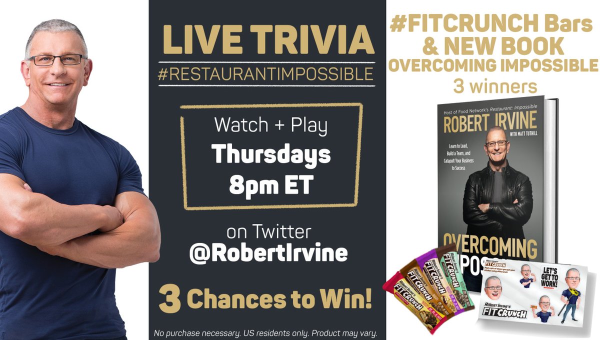 #RestaurantImpossible starts soon! RULES: 1. 3 questions, 3 prizes. 2. You must use #RestaurantImpossible &amp; #fitcrunch + the answer. 3. Winners are at random &amp; announced Mon 10a ET. US residents only.