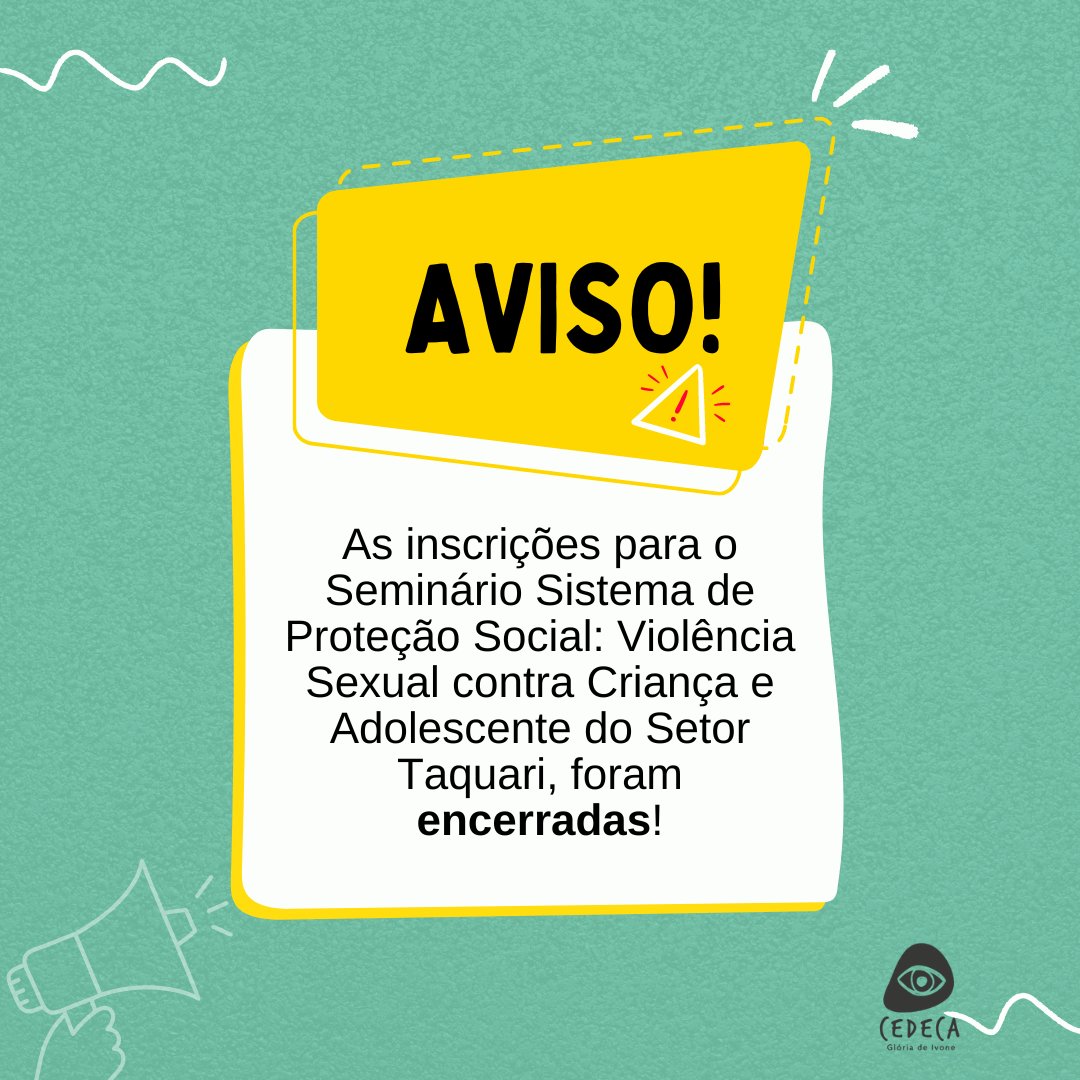 CEDECA_TO's tweet photo. Atenção! 📢 Informamos a todos e todas que, devido o auditório da Escola Estadual Elizângela Glória Cardoso ter capacidade somente para 410 pessoas e por já ultrapassarmos esse limite de inscritos/as, decidimos encerrar as inscrições para o Seminário!
#Cedecato https://t.co/JqIprlmsS4