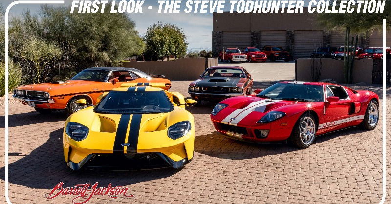 Barrett_Jackson's tweet photo. The #SteveTodhunter Collection is coming to the 2023 #PalmBeach Auction! Take a #FirstLook as #CraigJackson and Mike McCullough walk you through this meticulously maintained collection here in Scottsdale before it heads to #Florida to sell with No Reserve, April 13-15.