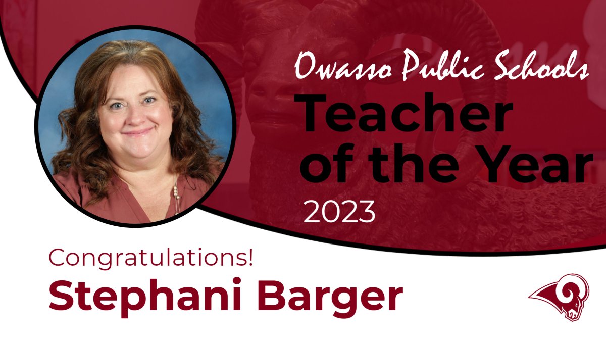 We are proud to announce that Mrs. Stephani Barger, a special education teacher at the <a href="/OHS_Rams/">Owasso High School</a> East Campus, has been named the 2023 District Teacher of the Year! Congratulations to Mrs. Barger and to all of our Teachers of the Year! #RamPride #RamFam