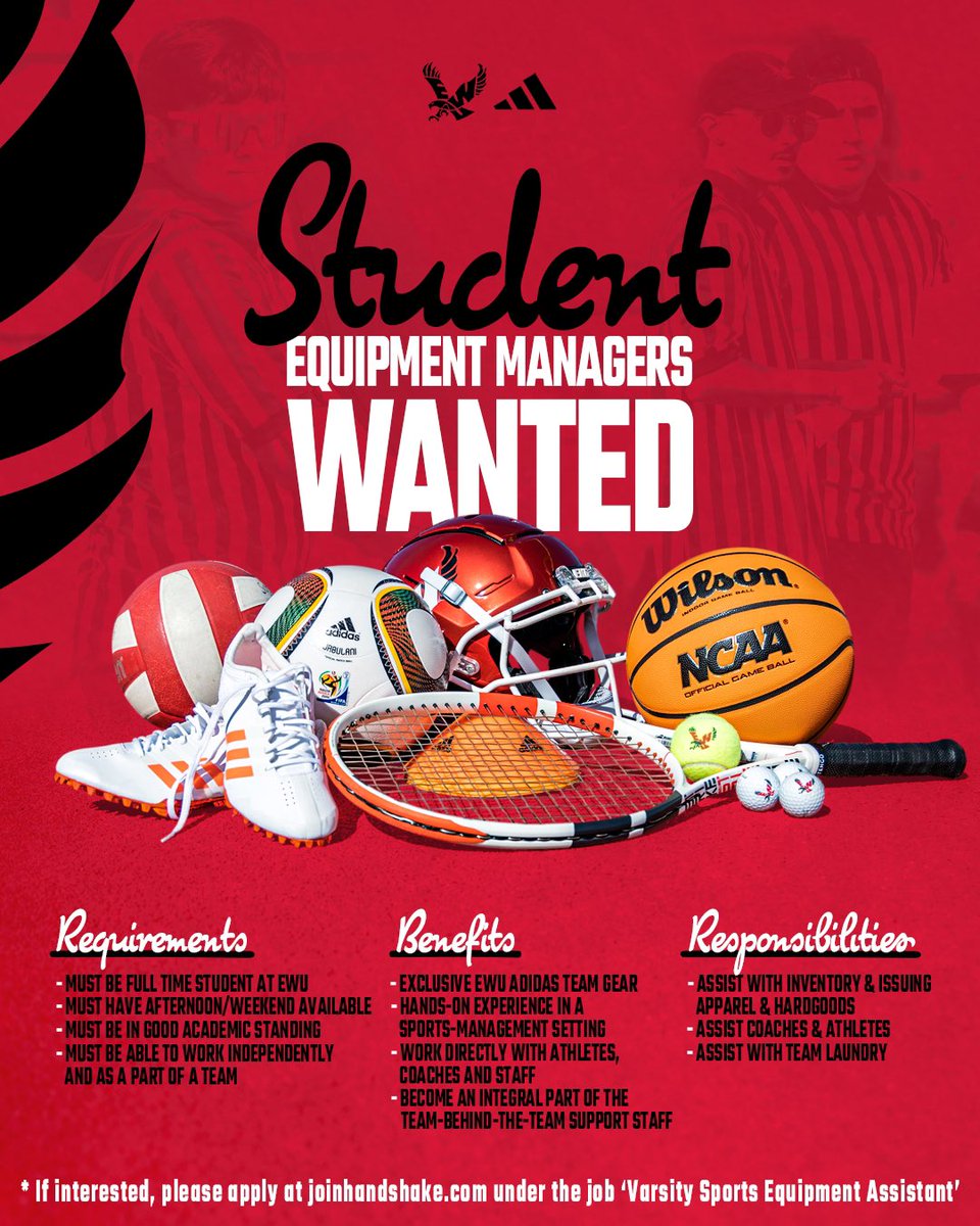 EWUequipment's tweet photo. Student Equipment Managers Wanted! Visit https://t.co/LaoBLaE0KH under the job “Varsity Sports Equipment Assistant” to apply. #goeags https://t.co/43kBrkUScW
