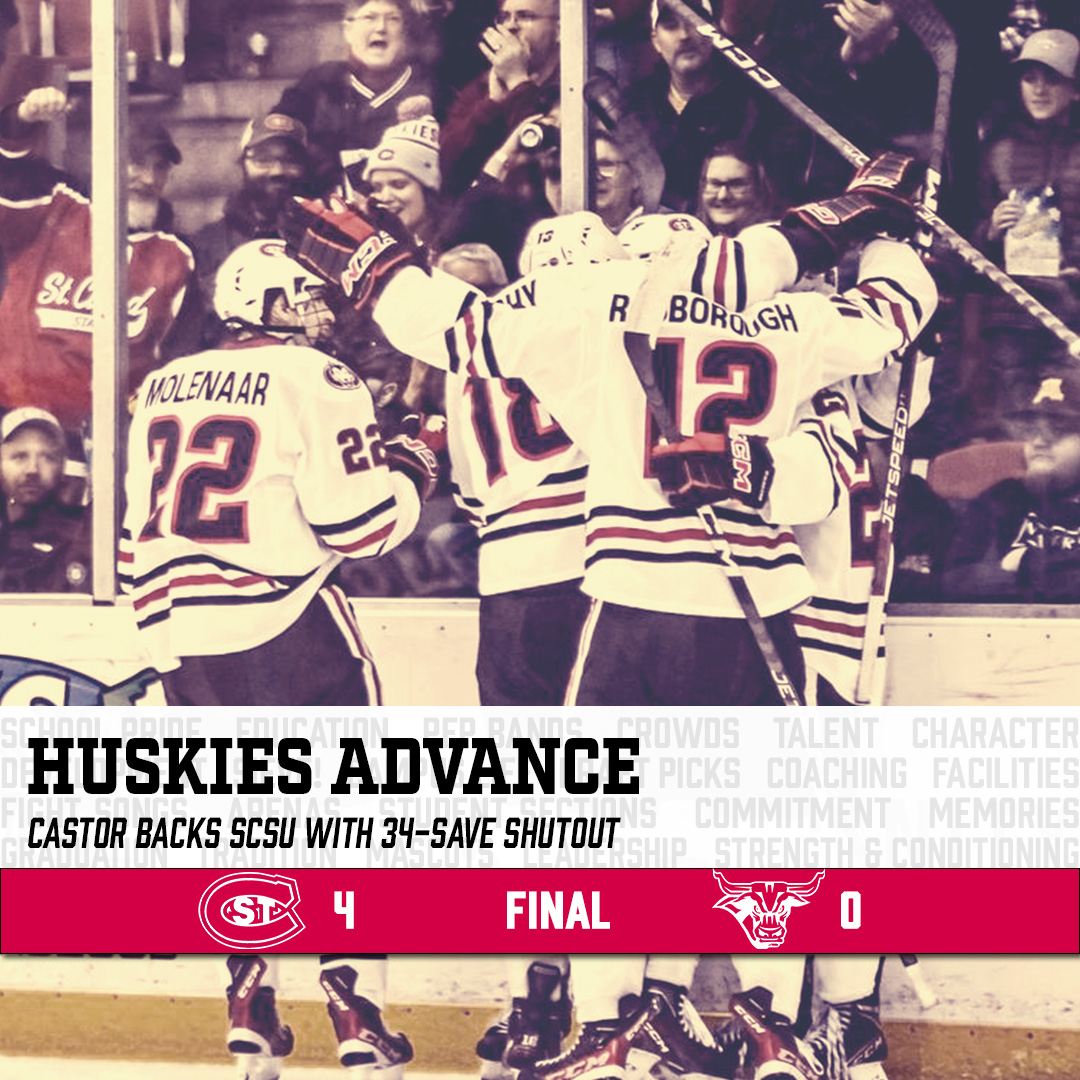 collegehockey's tweet photo. Senior Jaxon Castor delivers a 34-save shutout and St. Cloud State is off to the regional final Saturday.

@SCSUHuskies_MH | #HuskyHockey 
@NCAAIceHockey | #NCAAHockey https://t.co/dW9Uwm5NPu