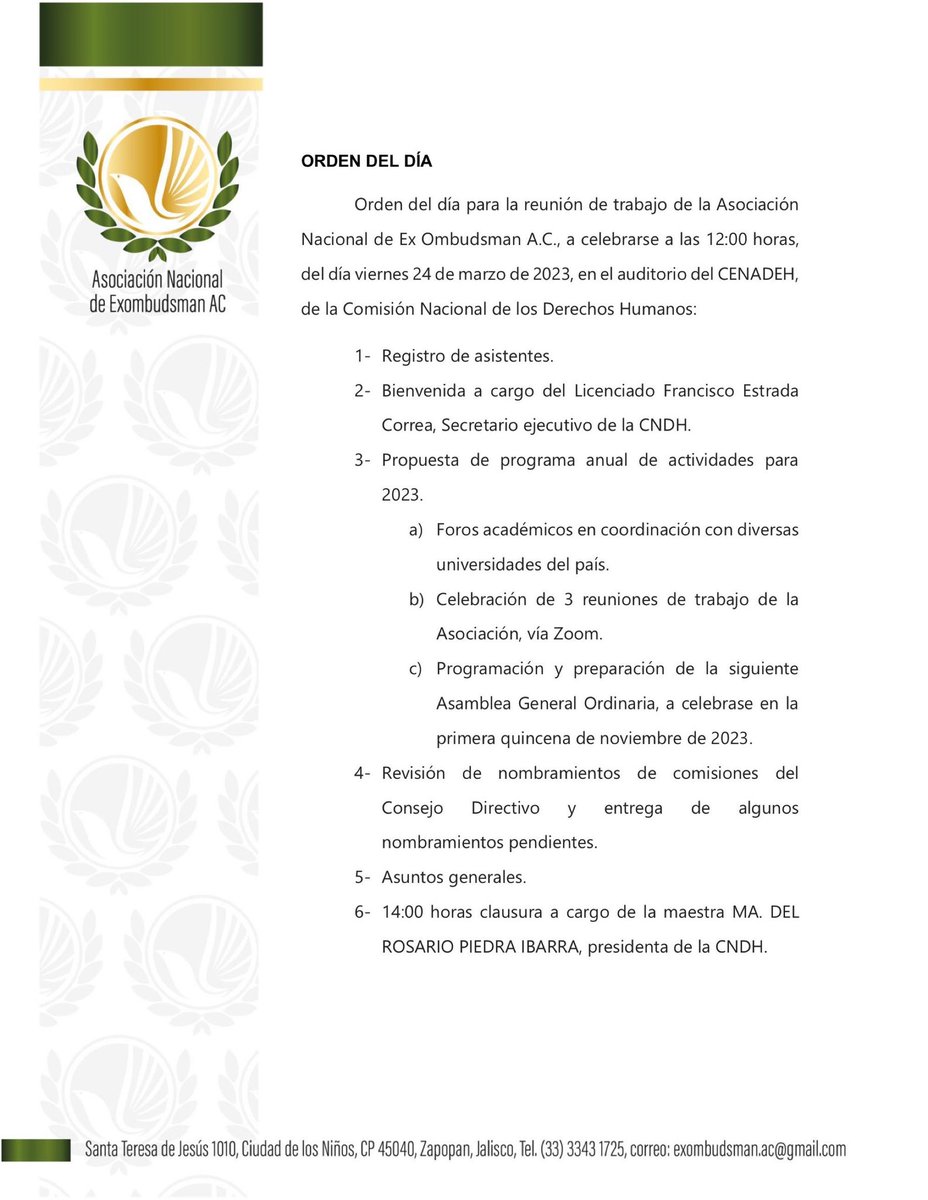 exombudsman's tweet photo. Convocatoria y orden del día de nuestra reunión de trabajo, a celebrarse a las 12:00 horas el día 24 de marzo en el Auditorio del Centro Nacional de Derechos Humanos de @CNDH https://t.co/U7xqM3kYV1