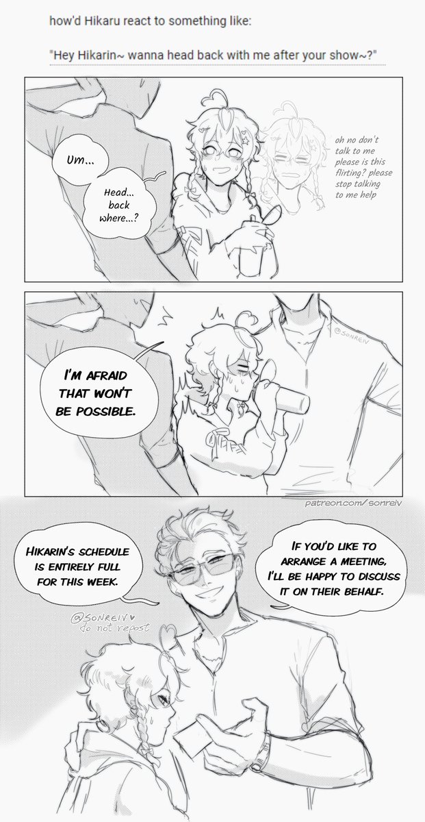 Dylan, the guy offscreen, is Hikarin's extra diligent manager. He always makes sure they keep in line with their obligations. Here's an older little strip featuring him 🌟