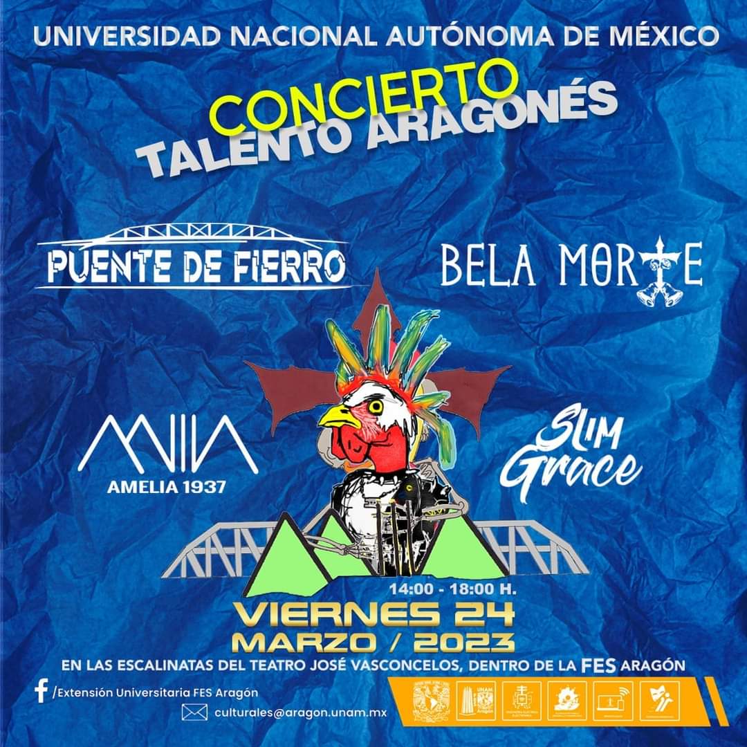 puentederock's tweet photo. Mañana estaremos presentes en el concierto "Talento Aragonés" en @FESAragonUNAM alternando con nuestros amigos de, Bela Morte, Amelia 1937 y Slim Grace, a las 14:00 hrs. en las escalinatas del teatro José Vasconcelos.
#MásCulturaMásFES #UNAM #PuenteDeFierro #RockAndRoll https://t.co/Hqp9Rwbs5B