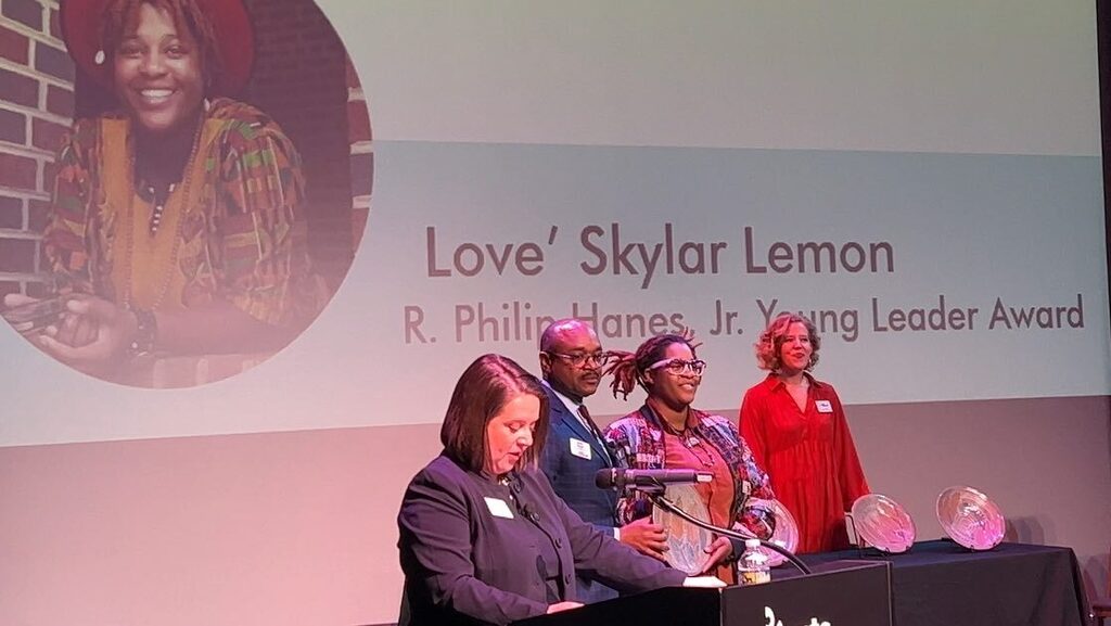 Celebrating our Program and Outreach Coordinator as she accepts the R. Phillip Haynes Jr. young leader award from the @artscouncilwsfc