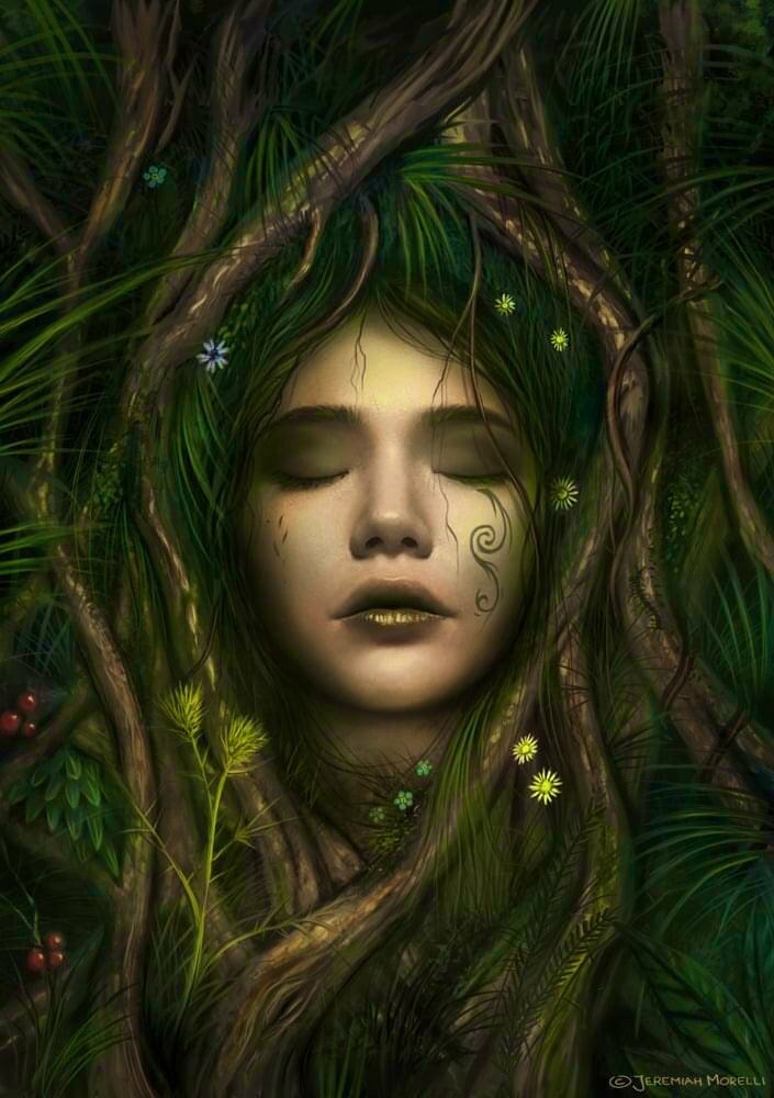 FaeRealms's tweet photo. The Dryad slumbers in verdant beds of lichens and moss.

Her hair tangled, becomes branches and leaves, a deep enchantment lingers in her bones, as she dreams the forest into Being,.. 

Welcome to her Woodland Realm.

Enchanted Art by: Jeremiah Morelli 

#FaeRealms https://t.co/VdTGyuGxkC