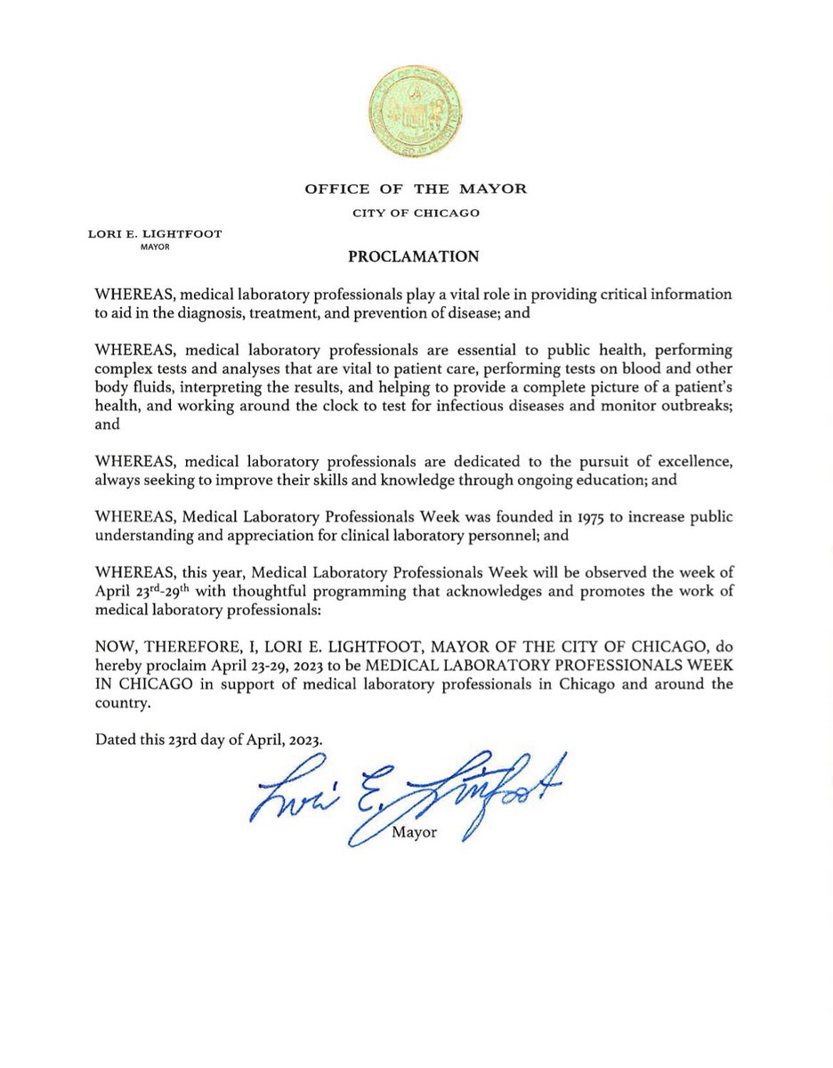 Medical laboratory professionals are essential to a functional #healthcare system. We celebrate our profession every April and the city of Chicago has recognized our impact! @ASCLS @ASCLS_IL @k_pesavento #LabWeek