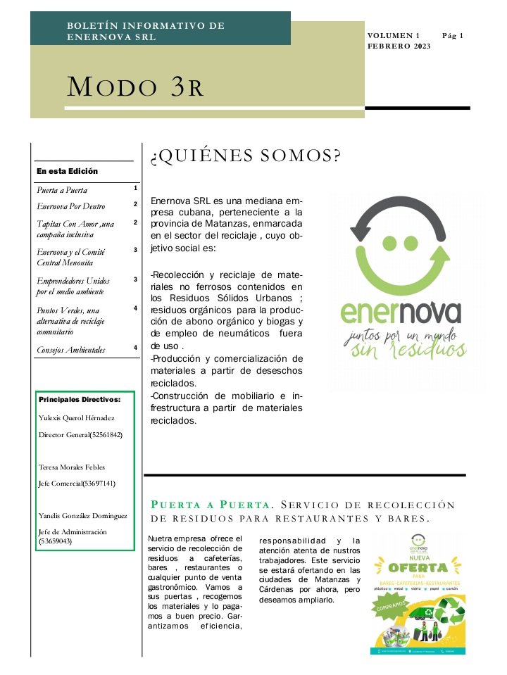 EnernovaSLR's tweet photo. Ya llegó la primera edición de nuestro Boletín Modo 3R!!!🎉🎉
En esta ocasión correspondiente a Febrero 📆, el de Marzo saldrá el próximo mes.
📣No se pierda el próximo volumen
#reciclaconenernova
#juntosporunmundosinresiduos
#PorUnMundoSostenible
#emprendedorescubanos https://t.co/UdOniGSpDJ