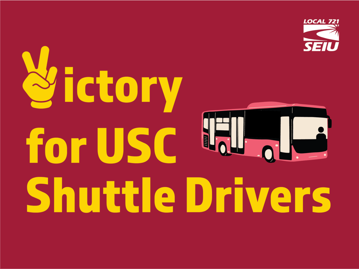 SEIU721's tweet photo. V is for Victory! USC Shuttle Drivers voted to go union and join SEIU Local 721.

This historic win puts them in the driver’s seat and will give them the ability to win fair pay, better benefits, and a voice on the job at L.A’s largest private employer. https://t.co/xVXqfoZf26