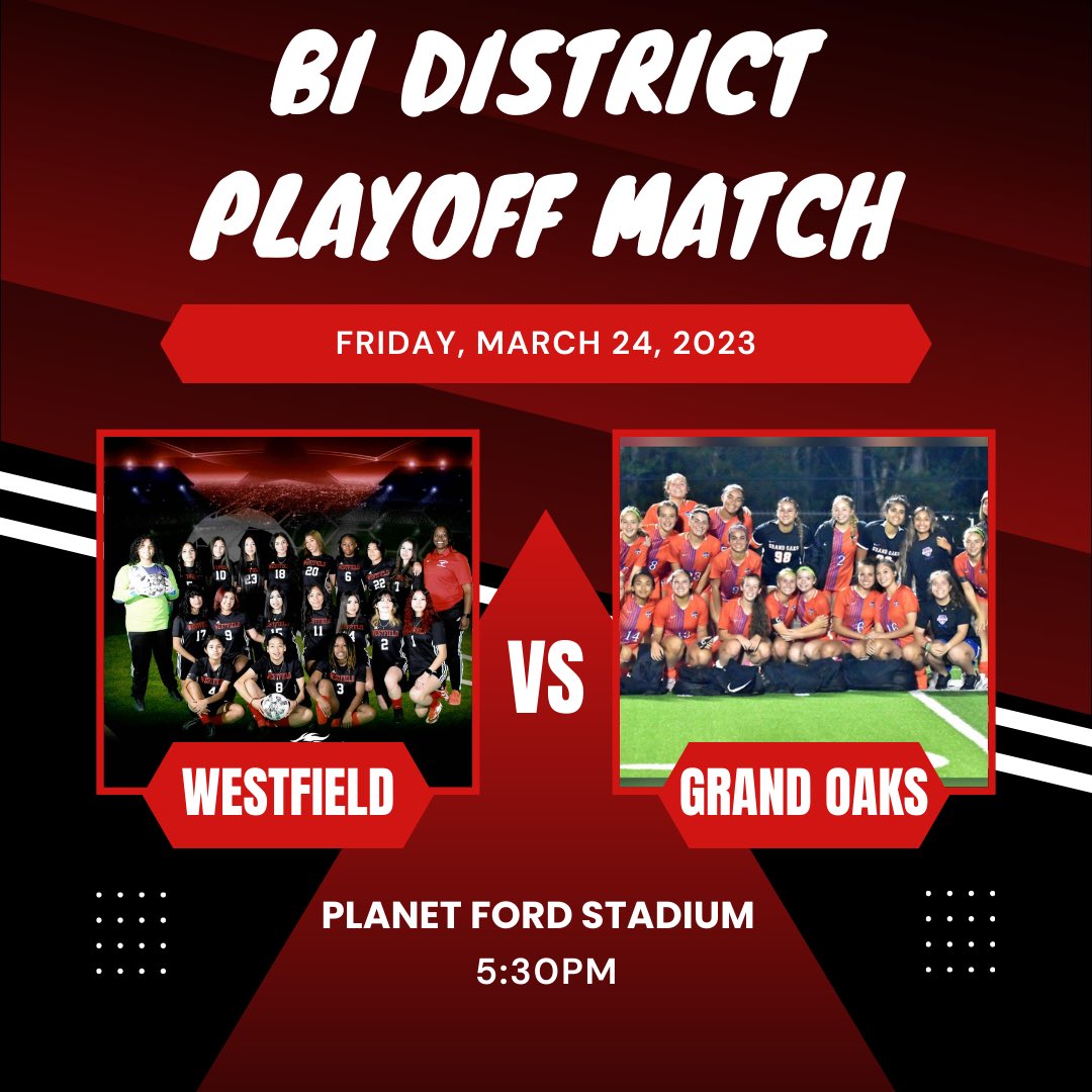 WHS_G_Soccer's tweet photo. Round 1 playoff match vs Grand Oaks will be tomorrow at Planet Ford Stadium at 5:30 PM. Let’s pack the stands and support our Lady Mustangs!! ⚽️ @SpringISD_Super @SpringISD @DerrellOliver @ajacinto3 @whsmustangs #TXHSSoccer #WestfieldGirlsSoccer https://t.co/FCn32vY240