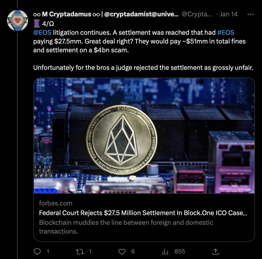 Cryptadamist's tweet photo. @coinbase 🧵 you can also trade #EOS on @Coinbase, AKA "one of the biggest frauds in human history." #BrendanBlumer, the man behind the token, renounced his American citizenship and fled the country long ago.
Ω👇Ω
https://t.co/YcJ2OtWmfm https://t.co/GBWdqwESHT