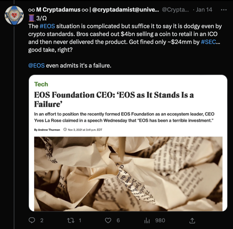 Cryptadamist's tweet photo. @coinbase 🧵 you can also trade #EOS on @Coinbase, AKA "one of the biggest frauds in human history." #BrendanBlumer, the man behind the token, renounced his American citizenship and fled the country long ago.
Ω👇Ω
https://t.co/YcJ2OtWmfm https://t.co/GBWdqwESHT