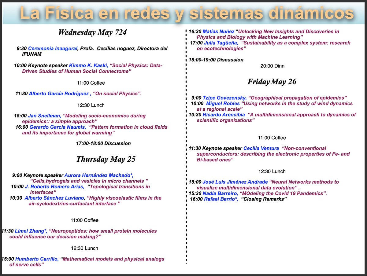 jrncarlock's tweet photo. Próximamente:
"La Física en redes y sistemas dinámicos"
Simposio internacional organizado por Rafael Barrio, Departamento de Sistemas Complejos, Instituto de Física, UNAM @IF_UNAM
Fecha: 24-26 de mayo, 2023
Lugar: Auditorio IF-UNAM, C.U.
Información: barrio@fisica.unam.mx https://t.co/DEZvfBESgJ