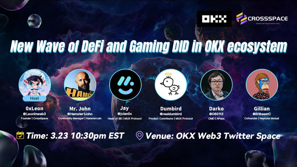 wallet's tweet photo. Let’s talk about New Wave of #defi and #DID in #OKX ecosystem during #GDC2023！

Welcome @Hamster1John from @hamstercoinwhle @jclan0x @realdumbird from @muxprotocol, @D60012 from #Apass, @BitbeastC from @neptunemutual. https://t.co/x5vGKe5Po9