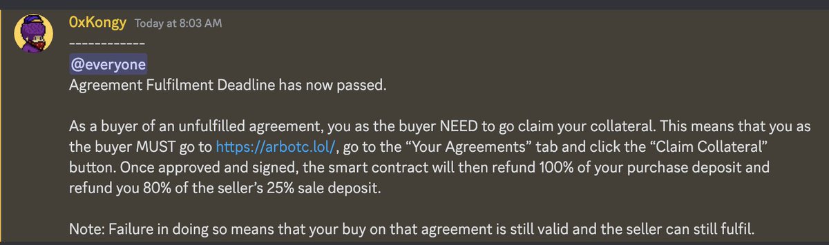 Agreement Fulfilment Deadline has now passed!

As a buyer of an unfulfilled agreement, you as the buyer NEED to go claim your collatera!

Check discord for more details. 

discord.gg/MzTGgMryb9
