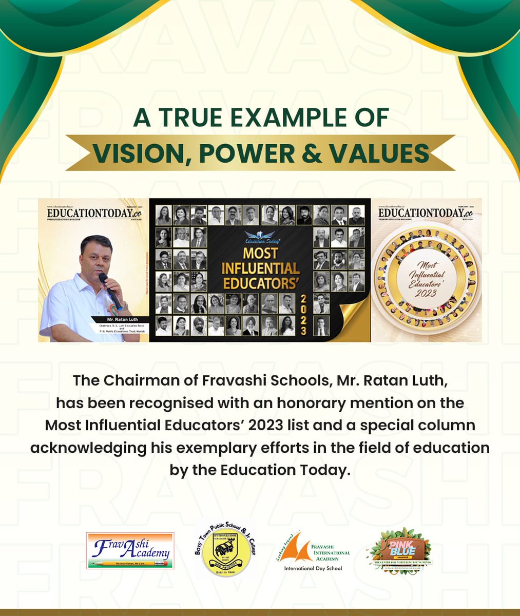 FravashiA's tweet photo. The Chairman of Fravashi Schools-Mr. Ratan Luth, has been honoured by Education Today,for his contribution to the field of education. 
He has been mentioned among the Most Influential Educators’ 2023 &amp; commended for his efforts to revolutionise education for the future of India. https://t.co/7ARQjK88VQ
