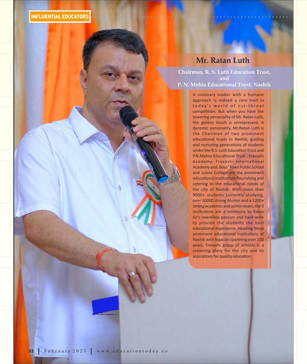 FravashiA's tweet photo. The Chairman of Fravashi Schools-Mr. Ratan Luth, has been honoured by Education Today,for his contribution to the field of education. 
He has been mentioned among the Most Influential Educators’ 2023 &amp; commended for his efforts to revolutionise education for the future of India. https://t.co/7ARQjK88VQ