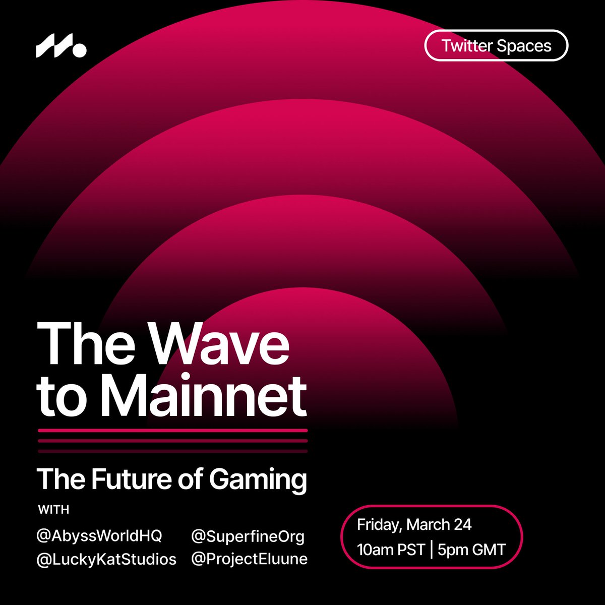 Join us tomorrow for our next Twitter Space – The Wave to Mainnet🏄: The Future of Gaming

With partners:

<a href="/ProjectEluune/">Project Eluüne</a>
<a href="/SuperfineOrg/">Superfine</a>
<a href="/AbyssWorldHQ/">AbyssWorld | $AWT - AI Colosseum</a>
<a href="/LuckyKatStudios/">Lucky Kat</a>

🌊We'll recap #GDC2023 + dive into gaming on <a href="/SuiNetwork/">Sui</a>.🕹️

Set your reminder! 👇
x.com/i/spaces/1lPKq…