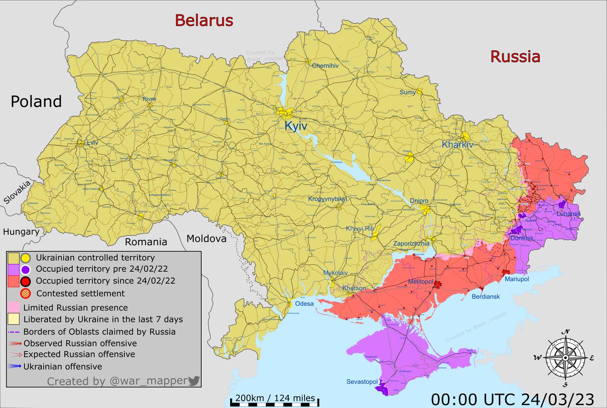 A map of the approximate situation on the ground in Ukraine as of 00:00 UTC 24/03/23.

There have been no notable changes to control since the last update.