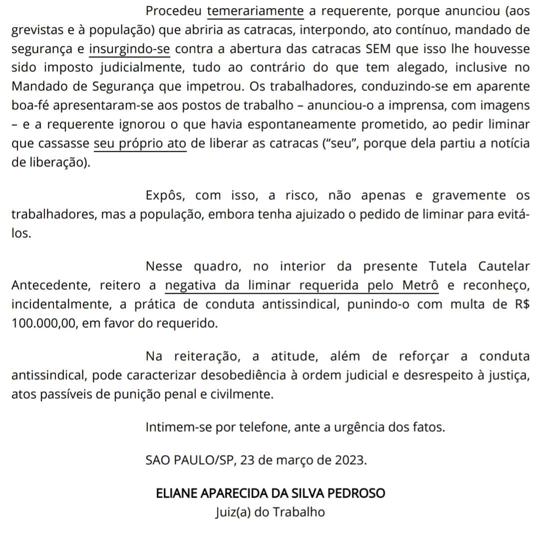 ⚠️ IMPORTANTE: TRT reconhece que @metro MENTIU ao dizer que abriria as catracas e condenou a empresa a multa de 100 mil  por prática antissindical e pelo risco causado aos trabalhadores e à população