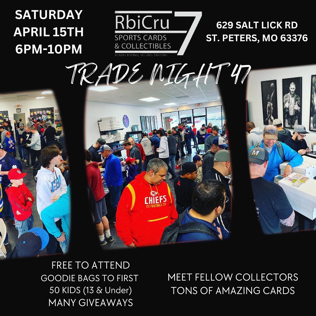 RbiCru7's tweet photo. April 15th in STL is going to be cards all day & night! @mhcardshow during the day (9am-3pm) in the bigger show room and Trade Night 47 that night (6pm-10pm) at the shop! Get those calendars locked for this epic card day in STL #thehobby #tradenight #tradenight47 #SupportYourLCS https://t.co/z7zaTpIlZv