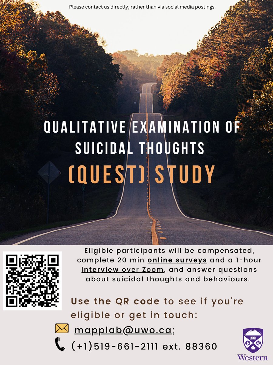 We are seeking adults (ages 18+) in Canada and the US to participate in a study investigating individuals experiences of suicidal thoughts and behaviors. To complete the online survey/see if you are eligible, please scan the QR code below - RTs are greatly appreciated
