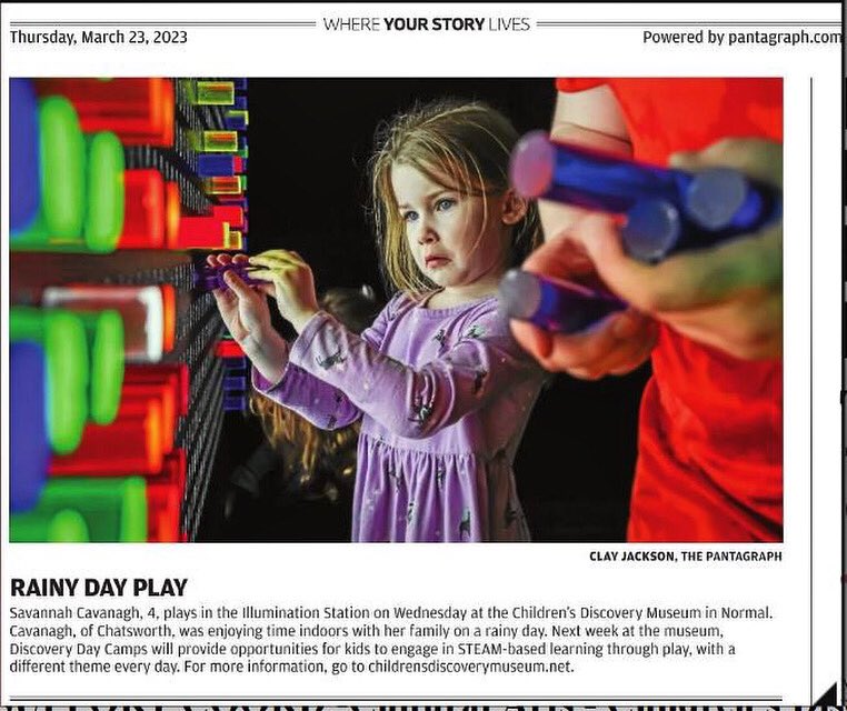 DiscoveryMuseum's tweet photo. We love to have visitors from near and far on rainy days ... and every day! Thanks to @Pantagraph for this front-page shot! #blono #cdmpowerofplay 
https://t.co/O0xUy1b11K https://t.co/ekt9B5n25R