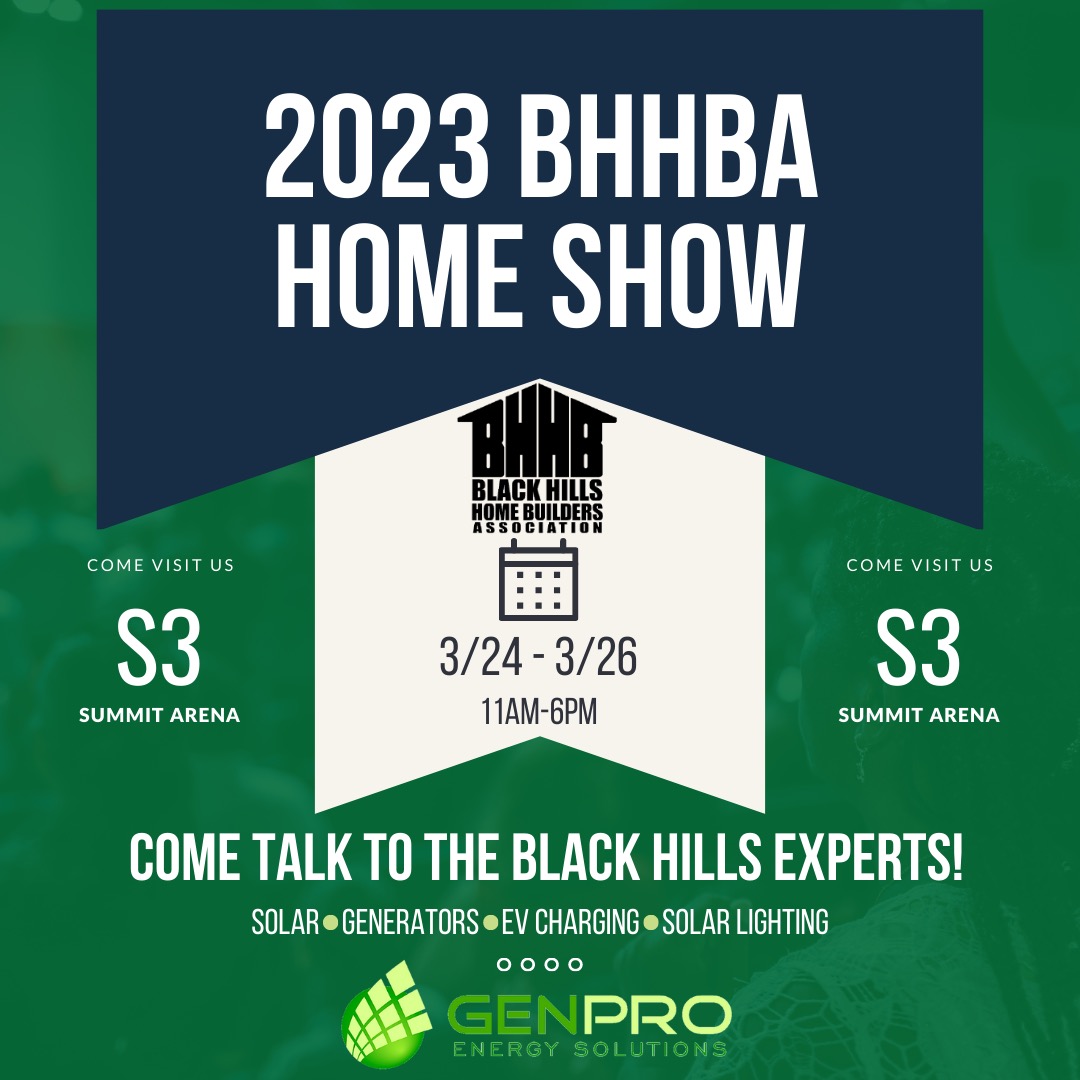 GenProEnergy's tweet photo. Come visit GenPro Energy Solutions this weekend at the 2023 Black Hills Home Builders Association Home Show Friday-Sunday
Talk to experts with 20 years in the industry about:
✔️ Solar 
✔️Generators
✔️EV Charging
✔️Solar Street Lighting https://t.co/vyhUdTK2Id