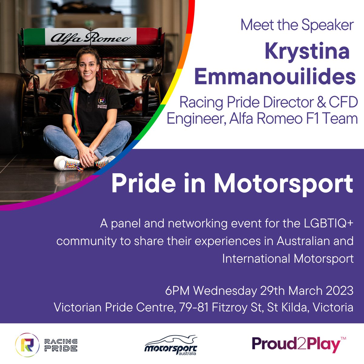 . <a href="/RacingPrideHQ/">Racing Pride</a> Director and @alfaromeostake CFD Engineer Krystina Emmanouilides (<a href="/kr_ys_ti_na/">Krystina Emmanouilides</a> )will be joining us WEDNESDAY at our 2023 Pride in Motorsport event.

📆 29 March from 6pm
📍Victorian Pride Centre Theatrette
✍️eventbrite.com/e/pride-in-mot…

 motorsport.org.au/officials