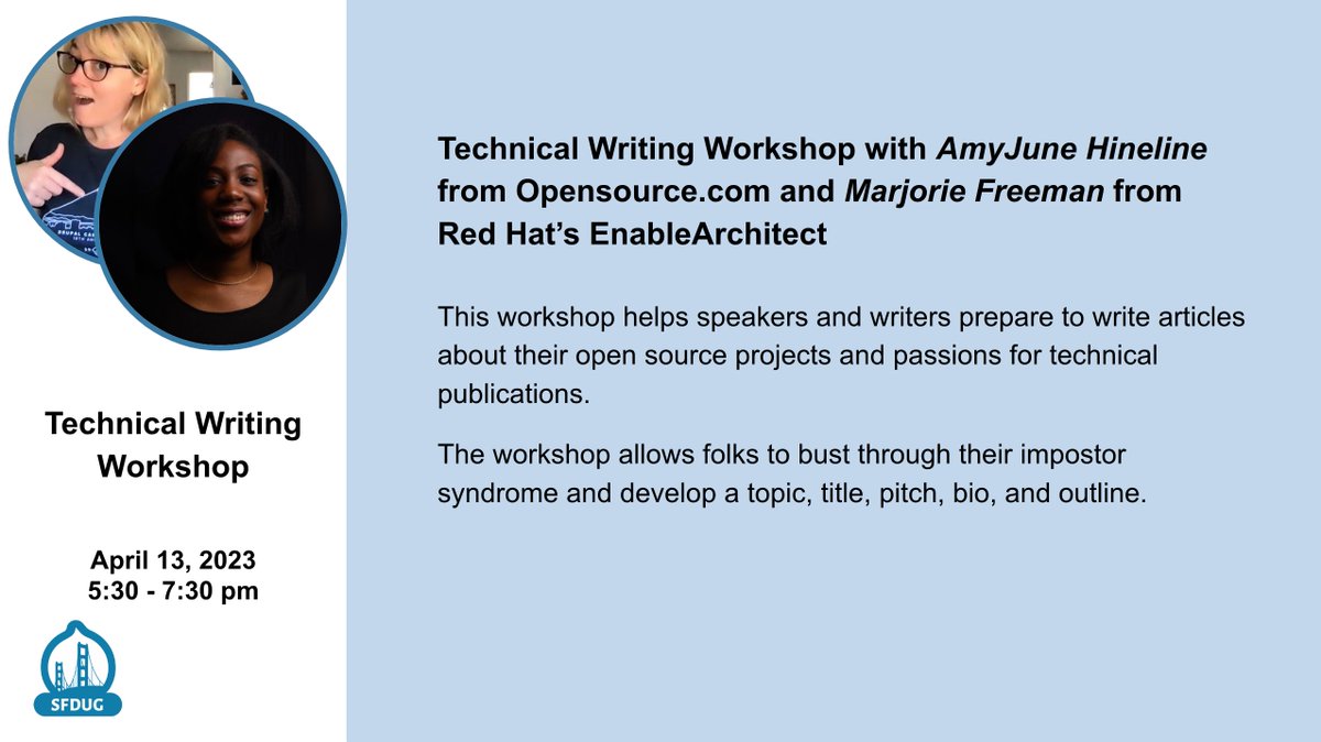 Bay Area Drupal Camp (BADCamp) (@badcamp) on Twitter photo Next at SFDUG: Technical Writing Workshop with <a href="/AmyjuneH/">AmyJune Hineline</a> from Opensource.com and @the_mjfreeman from Red Hatās Enable Architect - Thursday, Apr. 13th 5:30pm PT online. RSVP to meetup announcement for details and access: rb.gy/hfojlw Next at SFDUG: Technical Writing Workshop with <a href="/AmyjuneH/">AmyJune Hineline</a> from Opensource.com and @the_mjfreeman from Red Hatās Enable Architect - Thursday, Apr. 13th 5:30pm PT online. RSVP to meetup announcement for details and access: rb.gy/hfojlw