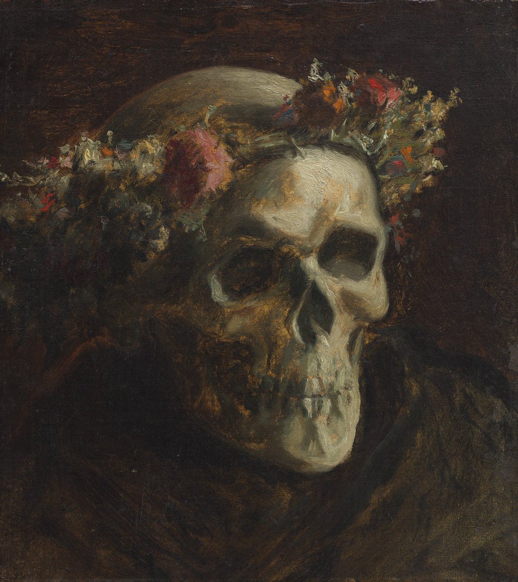 joanpopejoan's tweet photo. Skull Wearing a Wreath of Flowers by Thomas Satterwhite Noble, 1874 https://t.co/DNyISmR3dL