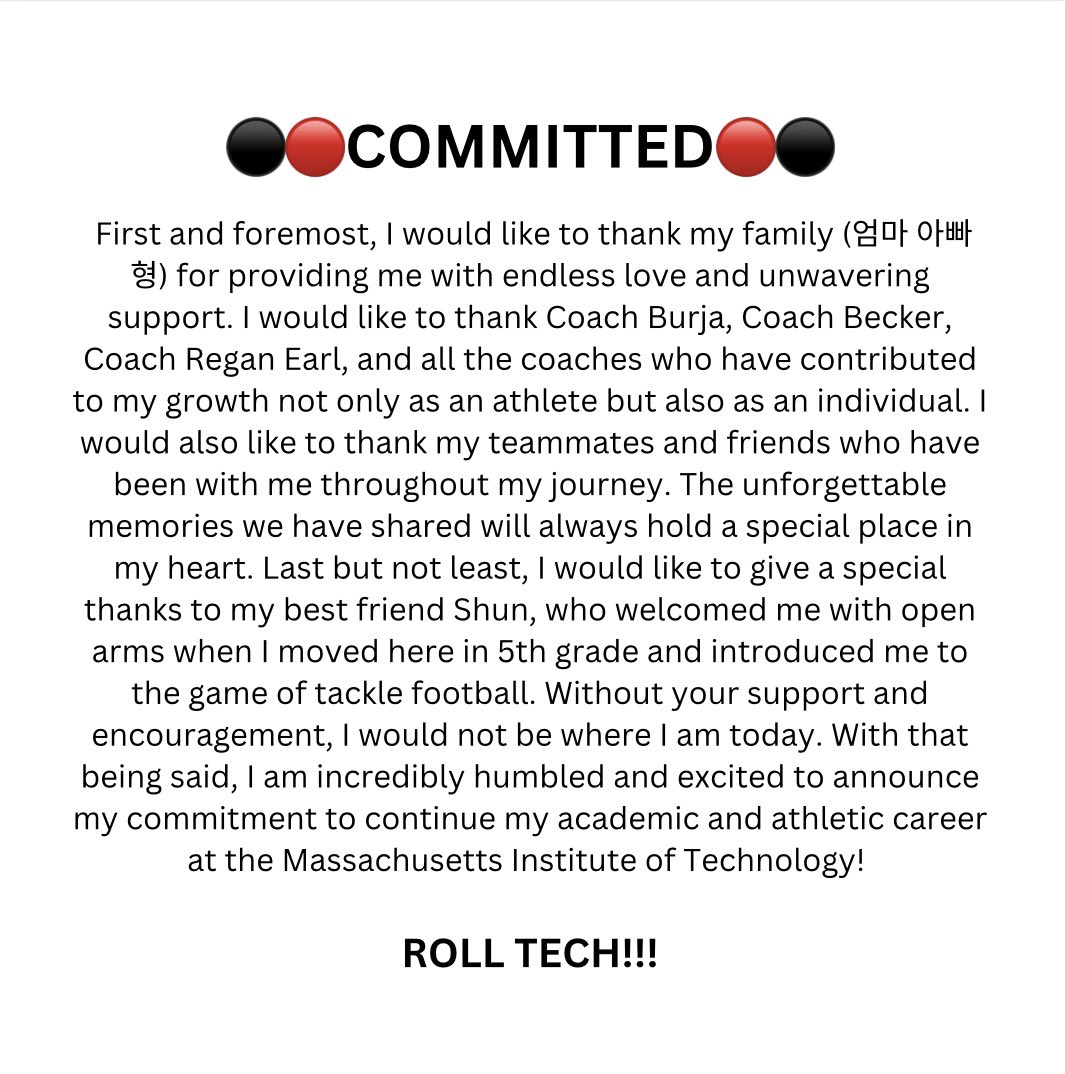 Gkim2023's tweet photo. I’m beyond excited to announce my commitment to continue my academic and athletic career at MIT! Thank you to everyone who helped turn my dream into a reality. ROLL TECH!!!

@SHSpatFB @MITFootball @bbubna @Coach_Brennan https://t.co/zuY6lbgzI7