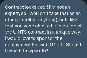 wgw_eth's tweet photo. 51/ #UINTS Lottery - 🔥 LTB 🔥

IT'S HAPPENING 🤯 DEGENS UNITE 👀

Greenlight and contract checked by @parkthomp.
He also sponsored the mainnet deployment fee.

I'll gonna be busy tomorrow.
But should be on Mainnet in 24hrs,
or at absolute worst - in the weekend.

Next phase? UI. https://t.co/SJxqY5EU4y