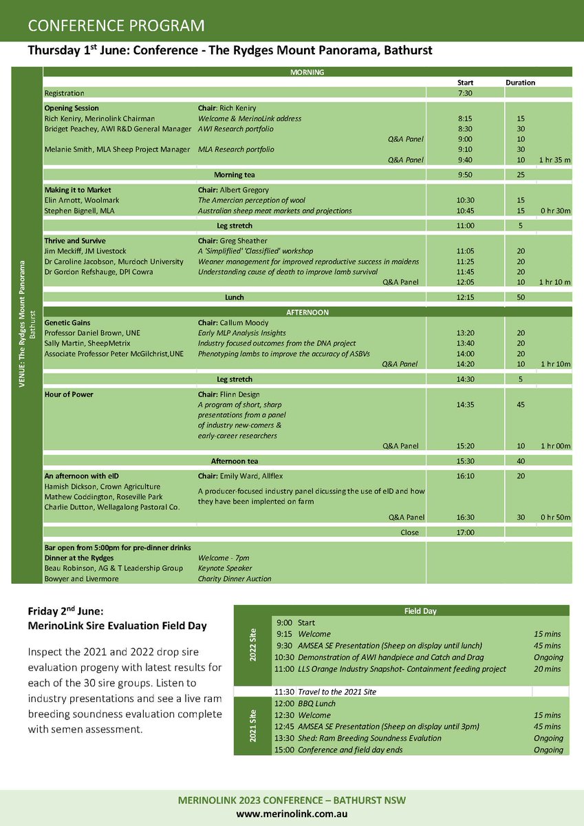 MerinoLink 2023 Conference Program now released!
Book your tickets via bit.ly/mlconf2023
Book your discounted accommodation via rydges.com/private-page/m… 
Full event information at: merinolink.com.au/conference2023
Join us for this premier industry event!