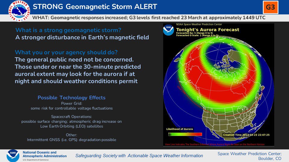 #NorthernLights should be visible tonight (Mar. 23rd) across far northern U.S. locations. Remember to find a very dark spot away from city lights and light pollution.