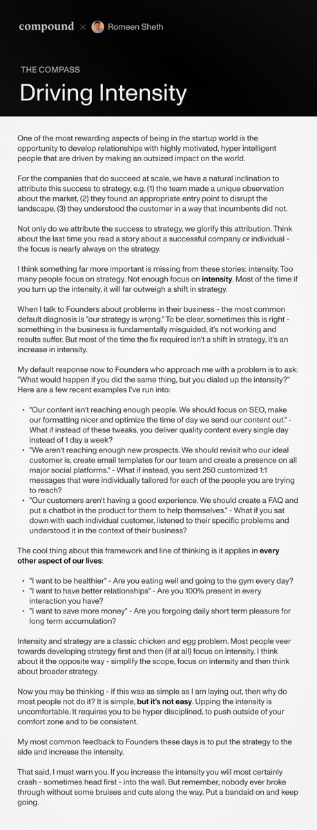 Too many people focus on strategy. Not enough focus on intensity. Most of the time, if you turn up the intensity, it will far outweigh a shift in strategy. In the ninth essay of my new series The Compass (with my friends at @Compound), I unpacked the importance of focusing on…