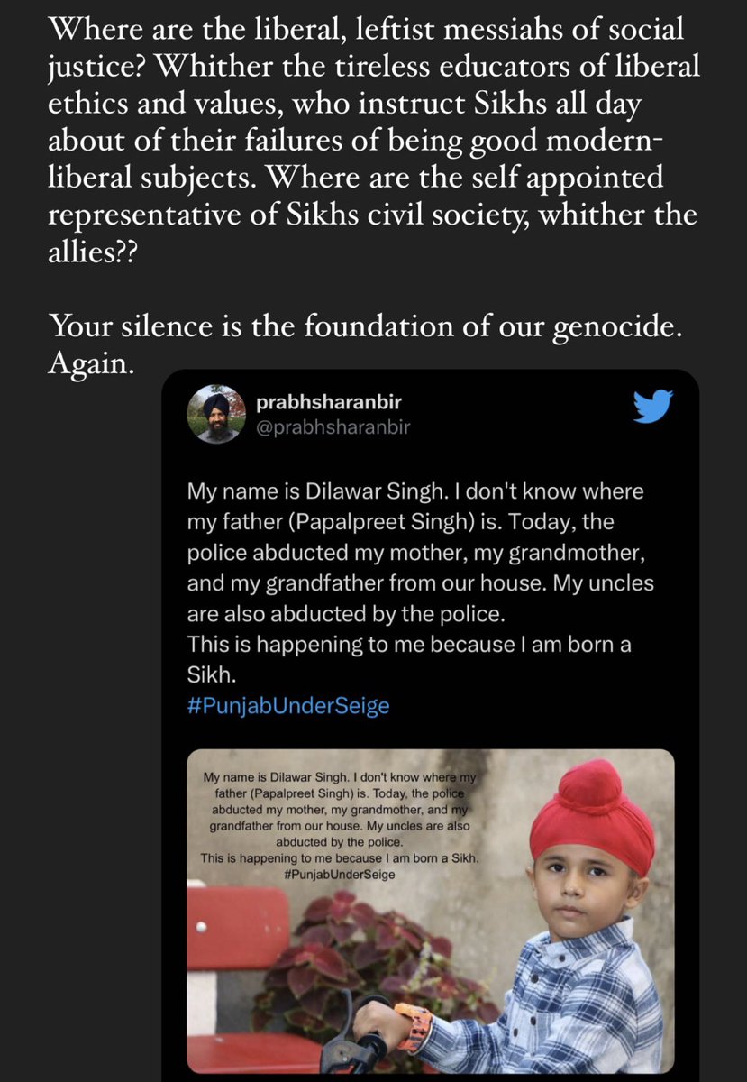 Sarkaraykhalsa's tweet photo. Indian civil society gives an open call for use of rape &amp; family torture to counter Sikh dissidents openly on Twitter.  State is acting on this collective desire. Twitter is complicit &amp; profiting from this violence @elonmusk @UNHumanRights #westandwithbhaipapalpreetsingh https://t.co/o1wC3951mj
