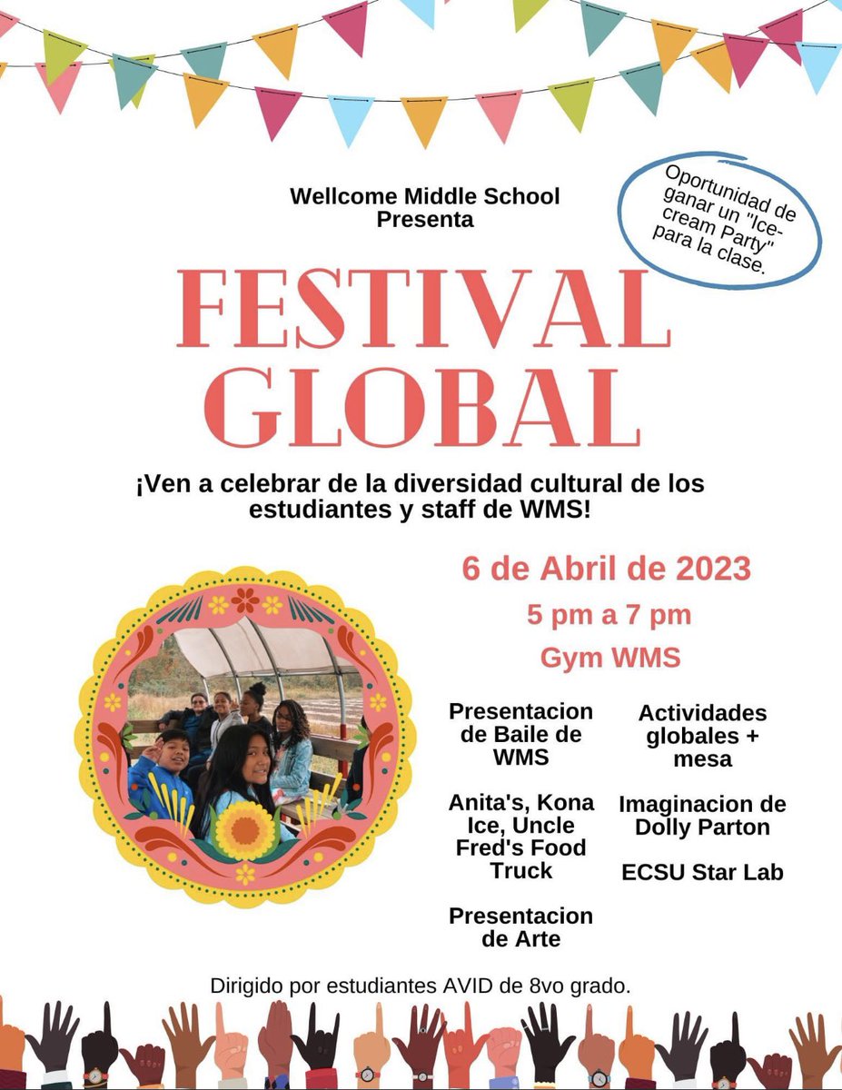 WellcomeMiddle's tweet photo. We are 2 weeks away from our Global Festival. Come out and learn more about our AVID, STEM, and Dual Language programs. Plus, we will have representatives from ECU, ECSU, and Anita’s, Uncle Fred’s, and Kona Ice will be out here. https://t.co/adX9Xytpbq