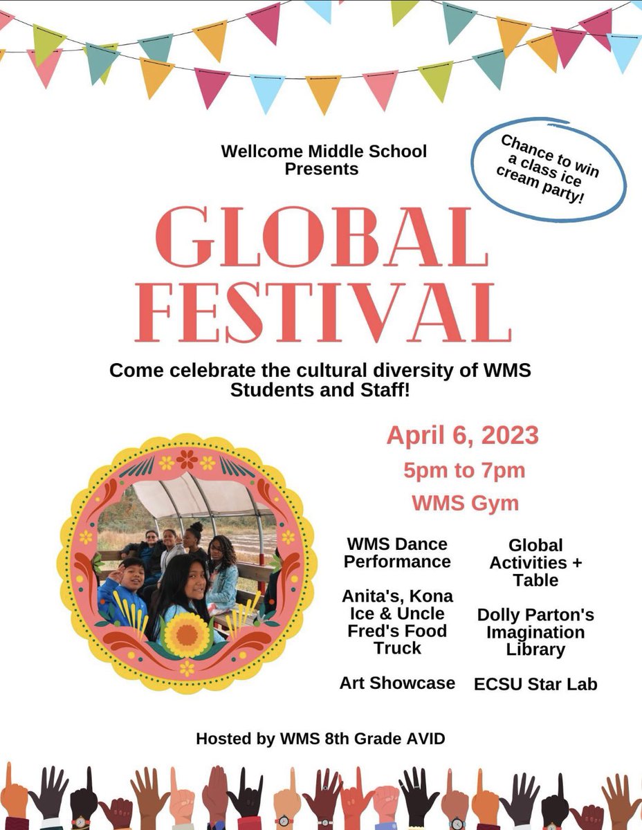 We are 2 weeks away from our Global Festival. Come out and learn more about our AVID, STEM, and Dual Language programs. Plus, we will have representatives from ECU, ECSU, and Anita’s, Uncle Fred’s, and Kona Ice will be out here.