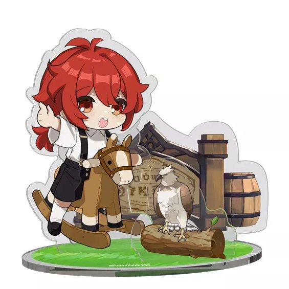 diluc (genshin impact) red hair 1boy male focus aged down red eyes barrel chibi  illustration images