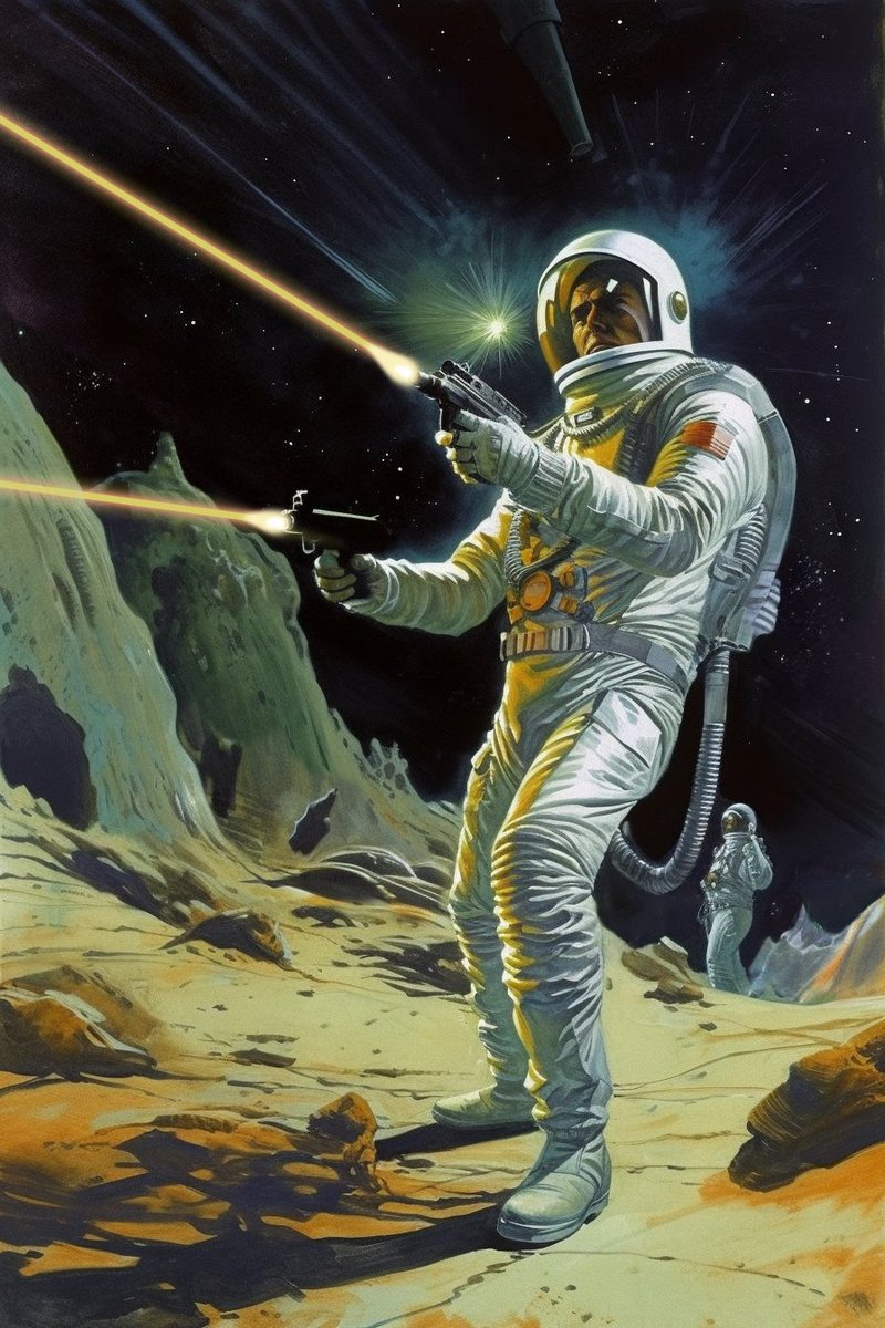 PulpArtRevival's tweet image. The only thing missing from space exploration is a good ol&apos; fashioned shoot-out! 🚀🔫 #MoonMunitions #PulpScienceFiction #Pulpart #scifi #scifiart