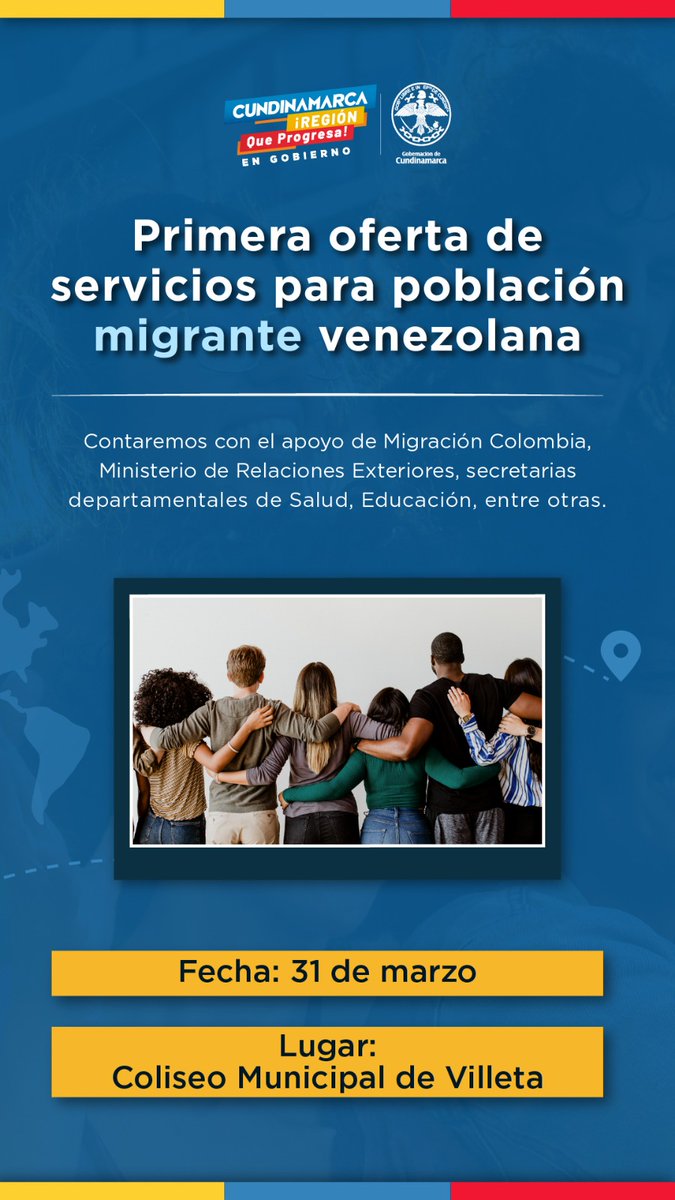 SecGobCundi's tweet photo. Si perteneces a la población migrante venezolana 🇻🇪te esperamos en el municipio de #Villeta, provincia de Gualivá, donde podrás participar de la primera oferta institucional y conocer sus programas. #Cundinamarca #RegiónQueProgresa https://t.co/Vbw2W75cyd
