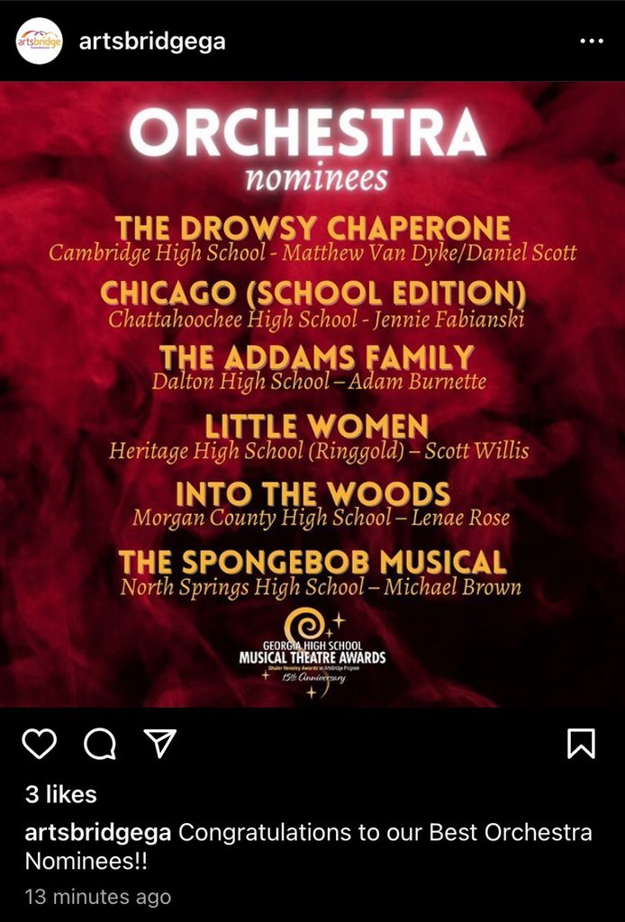 cambridge_band's tweet photo. We’re seeing stars!!! ⭐️⭐️⭐️⭐️ CONGRATULATIONS to our Cambridge HS Pitt Orchestra for their Shuler Award nomination for Best Orchestra in the Drowsy Chaperone!! #DrowsyChaperone #cambridgeband2023 @koperniak @AgansPrincipal https://t.co/Jhu2FkKTen